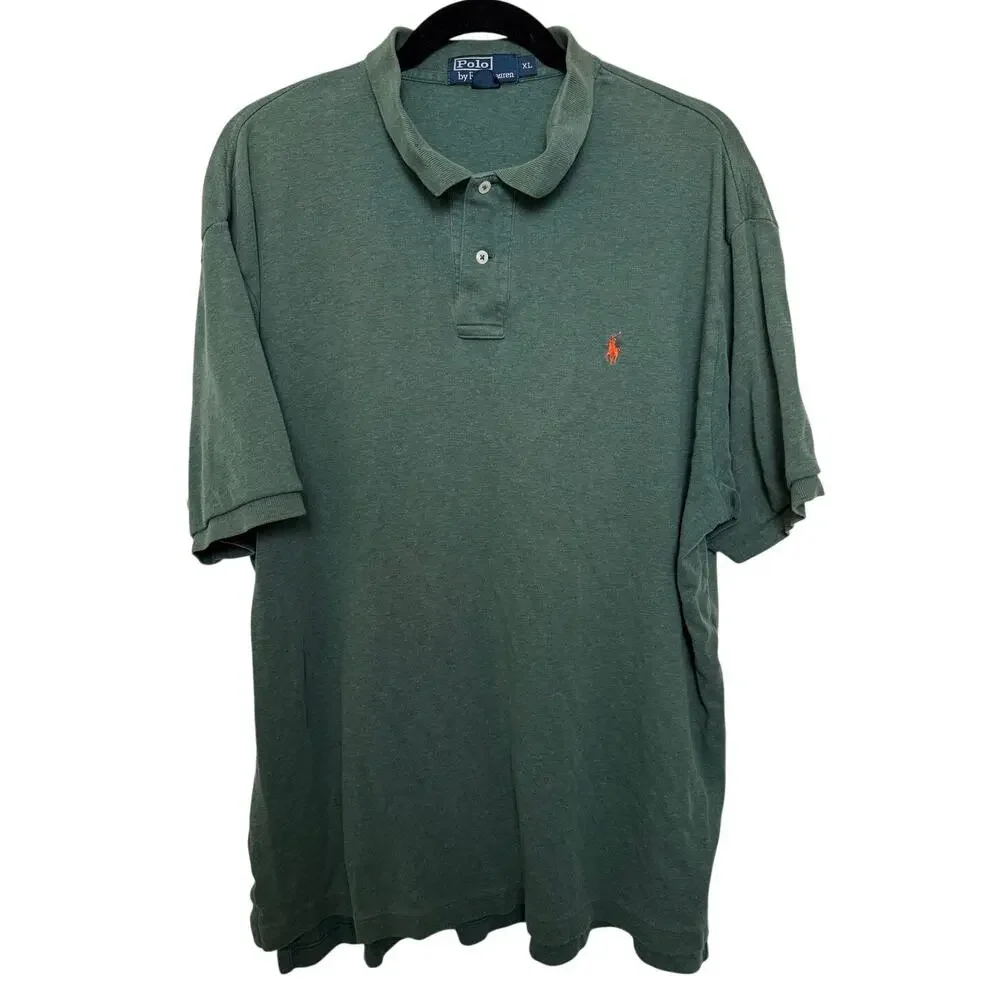 Polo Ralph Lauren Green Custom Fit Mesh Polo Orange Pony Logo XL Preppy Classic